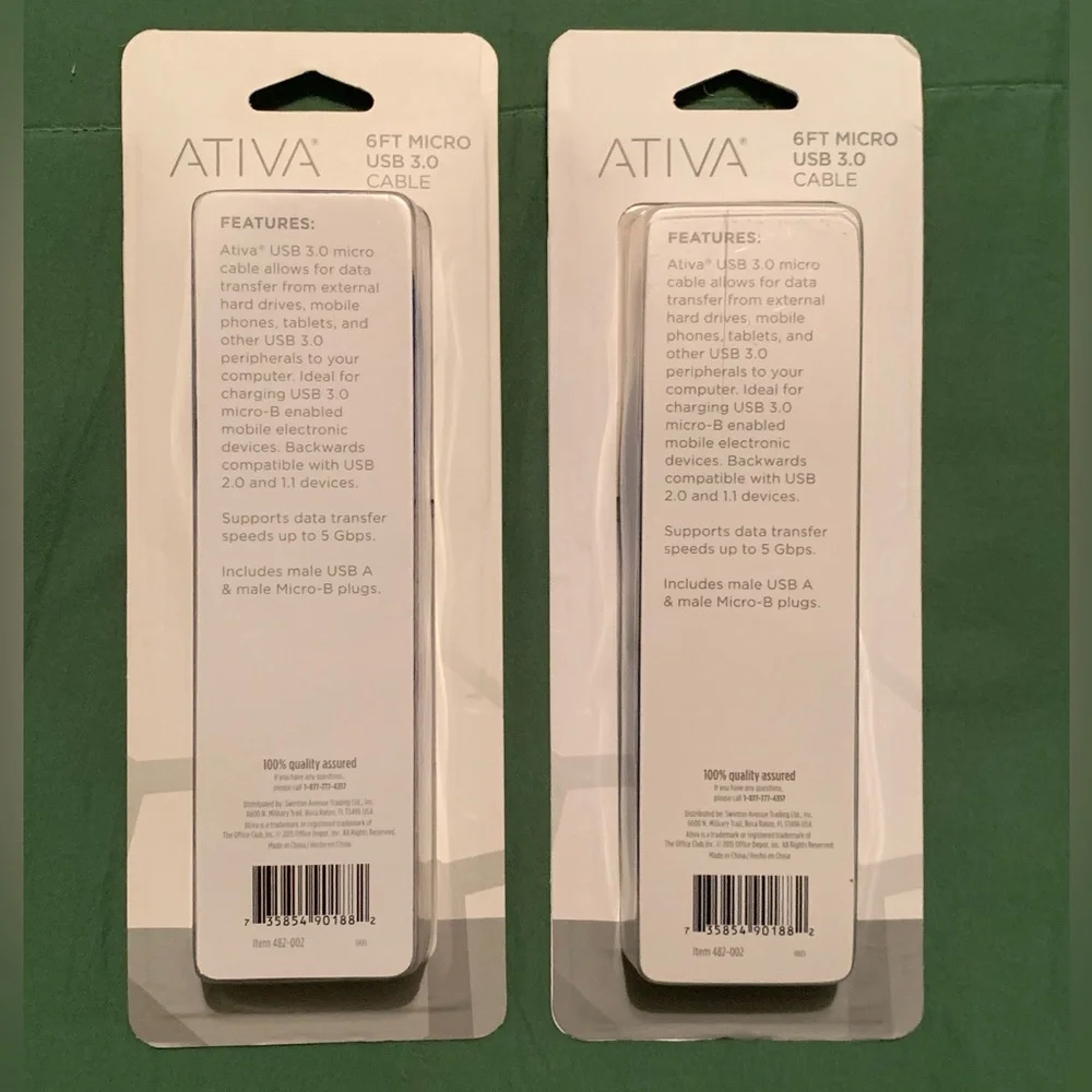 Lot Of 2 Ativa Micro USB 3.0 Cable 6 FT Fits Male USB A Male Micro-B 482-002 New